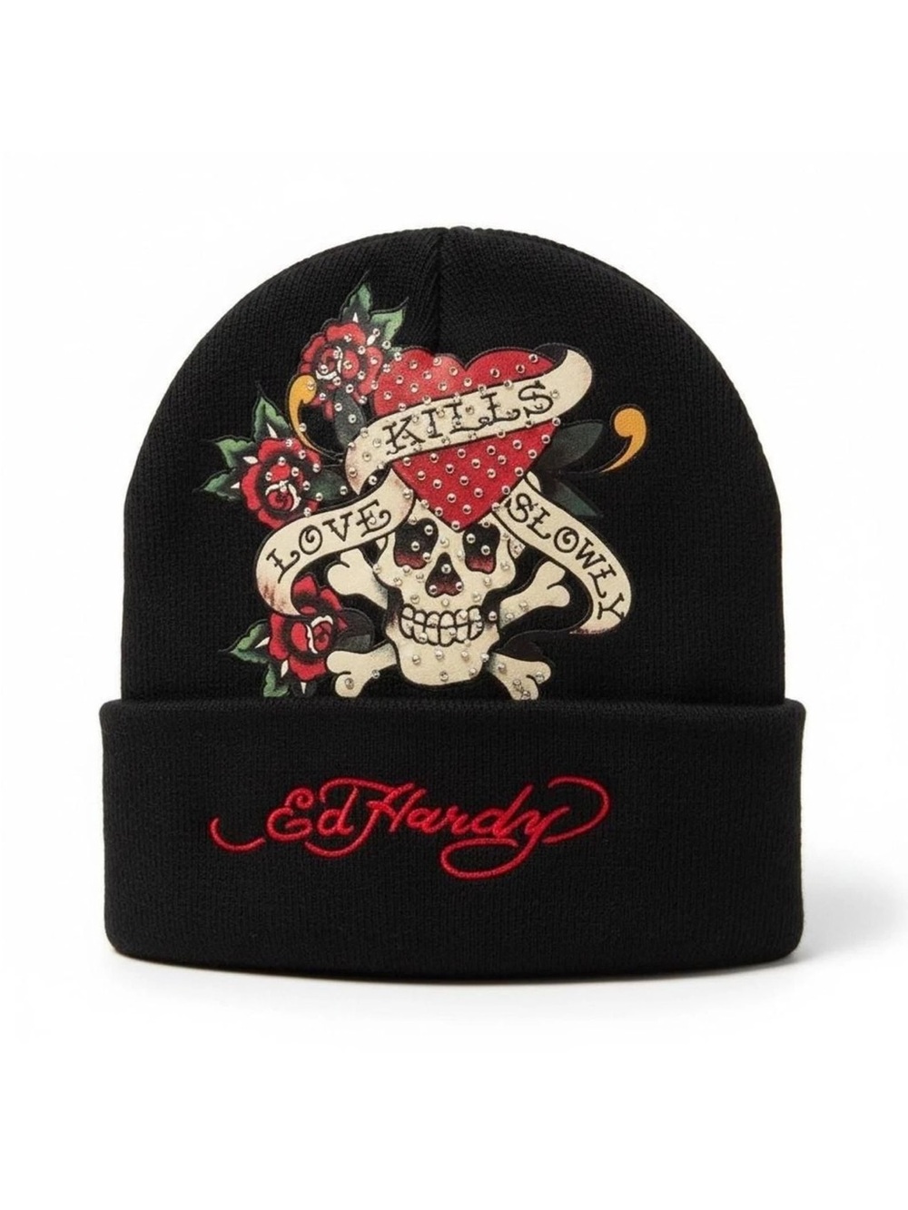 Ed Hardy Black Beanie with Red Embroidered Logo & Skull Heart Graphic